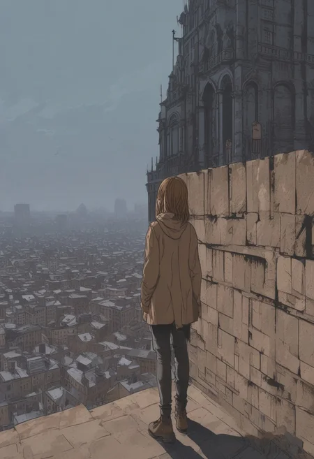 the girl is on the top of a building looking around in the distance, 1girl, solo, long hair, skirt, light brown hair, casual dress, arms behind back, gloomy, spooky, (masterpiece:1.4, best quality:1.4, illustration:1.4, ultra-detailed, best aesthetic)