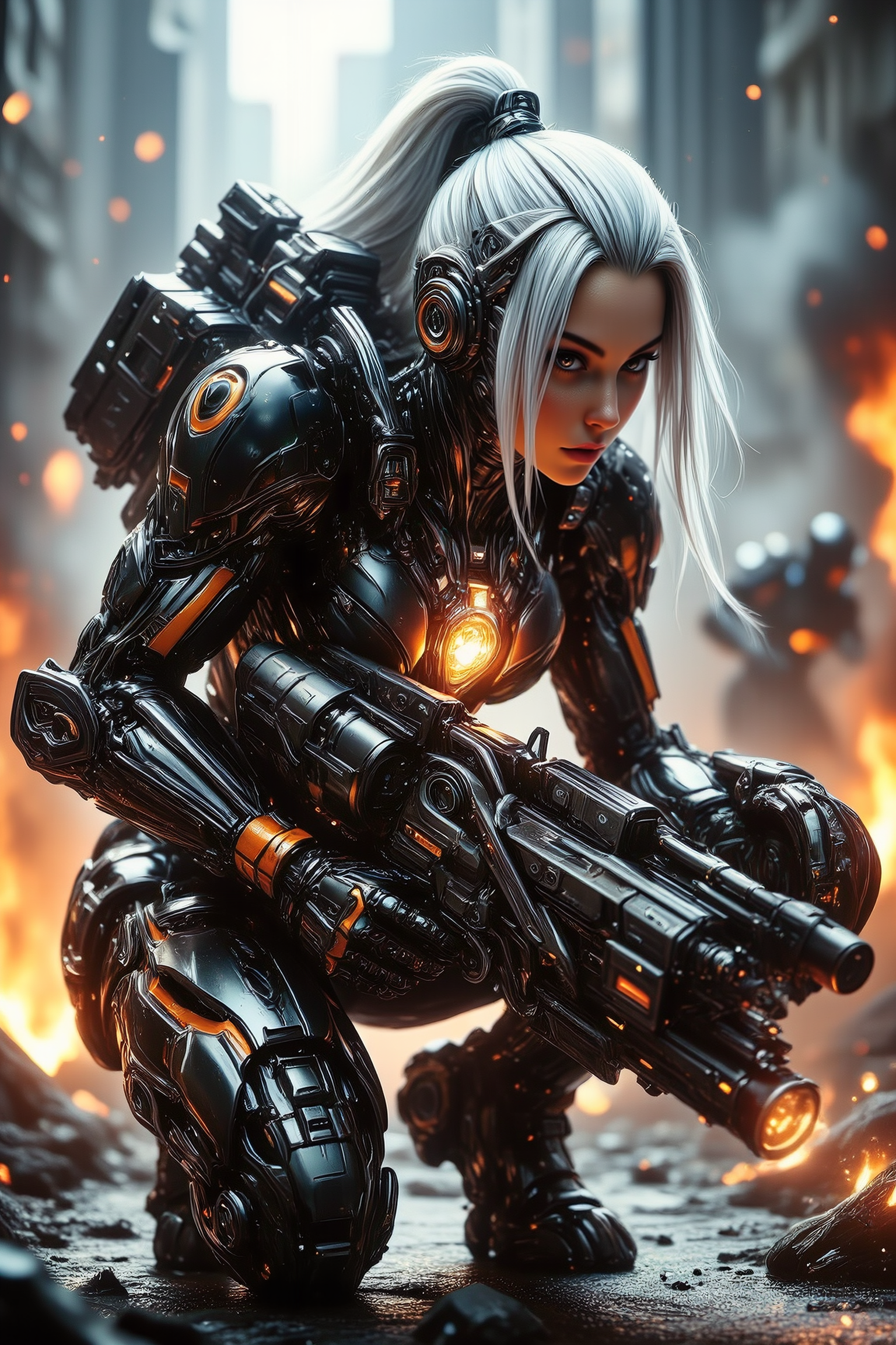 A bio-mechanical female warrior with long white hair, clad in sleek black and orange mech armor, crouches in a battle stance. A glowing energy core is embedded in her chest, and she shoulders a massive high-tech photon cannon, fully charged with red plasma energy, ready to fire. Her gaze is focused ahead, targeting her enemies. Behind her, comrades fight in a blurred battlefield, with burning ashes floating through the air. The scene is rendered in high contrast and vibrant colors, with ultra-detailed textures and a hyper-realistic, surreal sci-fi style, capturing the intensity, intricate details, and high-quality finish of the futuristic world.
<lora:dvr-transformers-flux:0.85> mechanical, mech, biomechanical, cybernetic, robot, exosuit, bionic
<lora:Dever_Flux_Enhancer:0.5>
<lora:ImageUpgraderV2:0.5> detailmaximizer
<lora:MidjourneyV6.1:0.6> midjourneyv6.1
<lora:Midjourney_-_SemiReal_Dreams_FLUX_LoRA:0.7>
