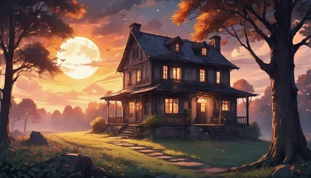 <lora:Dreamyvibes - Alt-Version - Trigger is Dreamyvibes Artstyle:1> dreamyvibes artstyle, a small house on a hill, surrounded by trees and a cloudy sky . The house is lit up by a single light, creating a warm and cozy atmosphere. The scene is set against a dark night sky, with the moon visible in the distance. The landscape is quite peaceful, with the house and the surrounding trees providing a serene and peaceful atmosphere.