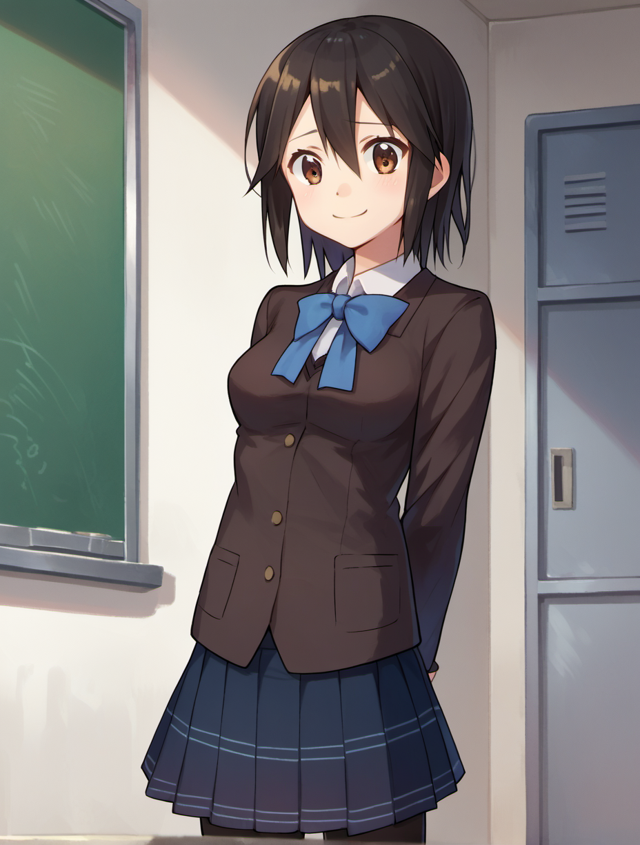 score_9, score_8_up, score_7_up, score_6_up, score_5_up, score_4_up, BREAK
InabaHimeko, 1girl, solo, school uniform, pantyhose, breasts, skirt, arms behind back, ribbon, smile,
<lora:InabaHimeko_PD6XL:1>
