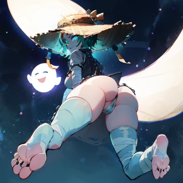 Kasumi,(light blue skin1:0) ghostly, , light blue feet, short green hair, medium breasts,(barefoot),(glowing blue eyes), large areola, floating in the air, evil smile,
KasAttire, bandages, bandaged leg, , chain and lock jewelry, (tight Fundoshi), straw hat, solo, rear view, feet and butt focus, facing away,
night sky,
(insanely detailed, beautiful detailed face, masterpiece, best quality) <lora:kasumi-10:0.7> <lora:Sagging breasts:0.7> <lora:feetaway1:0.7 >