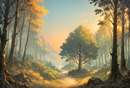 score_9, score_8_up, score_7_up, score_6_up, lanscape, very Peaceful, forest, large and tall trees, giant forest, sunset central focus is an ancient old oak tree