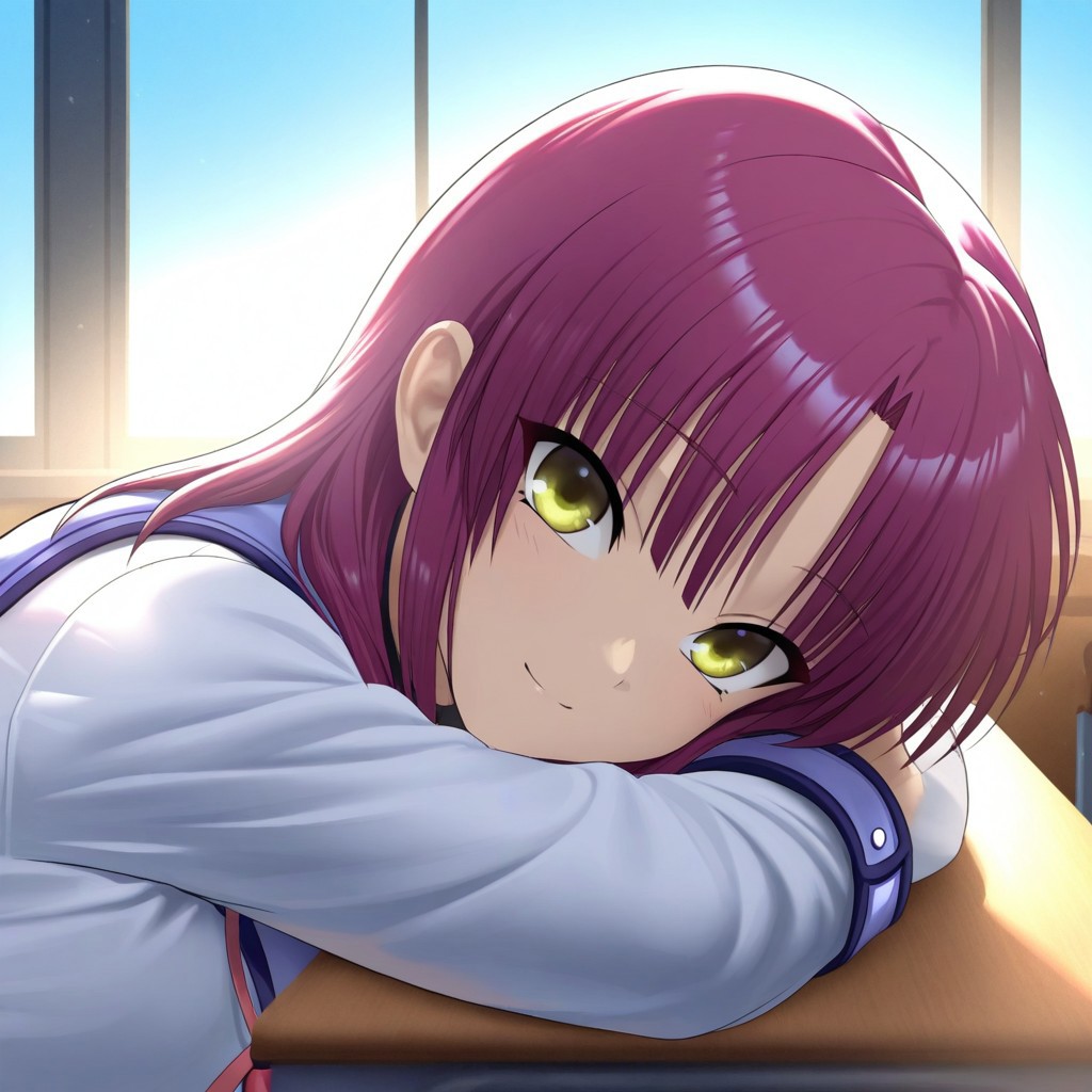 <lora:AngelBeats_Iwasawa-v1-07:0.6>, masterpiece, 1girl, Yuri Nakamura (Yurippe), //(Angel Beats!//) medium hair, purple hair, green eyes, calm expression, slight smile, looking at viewer, traditional school uniform, high school room, clear blue sky, sunny, soft warm lighting, vibrant, detailed, anime style, soft focus, dreamy, subtle realism