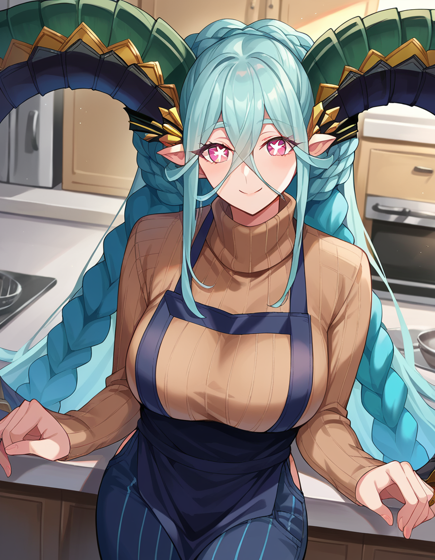 score_9, score_8_up, score_7_up, source_anime,
fatetiamat, <lora:fate-tiamat-ponyxl-lora-nochekaiser:1>,
tiamat, absurdly long hair, aqua hair, braid, curled horns, gradient hair, horns, long horns, multicolored hair, pink eyes, pointy ears, symbol-shaped pupils, twin braids, x-shaped pupils,
apron, black apron, brown sweater, ribbed sweater, sweater, turtleneck, turtleneck sweater, pants, denim,
indoors, kitchen, smile,
looking at viewer, cowboy shot, dutch angle,