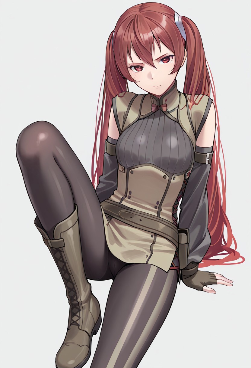 masterpiece, best quality, crimsonj-girl.fightil,
  1girl, Severa, long hair, red hair, twintails, red eyes, Tunic, detached, sleeves, pantyhose, boots
looking at viewer, close up
  Simple background, ,  perfect anatomy