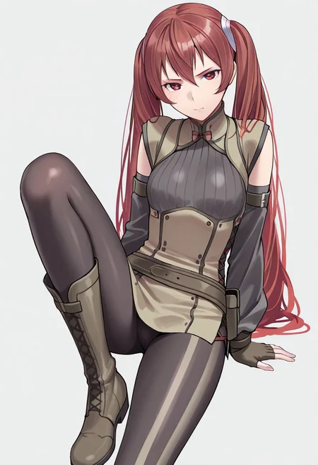 masterpiece, best quality, crimsonj-girl.fightil,
  1girl, Severa, long hair, red hair, twintails, red eyes, Tunic, detached, sleeves, pantyhose, boots
looking at viewer, close up
  Simple background, ,  perfect anatomy