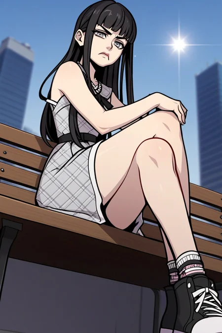 anime screencap, absurdres, high quality, official style, shokaNEO, 1girl, solo, long hair, black hair, grey eyes, grey plaid dress, black ribbon, socks, black shoes, necklace, cowboy shot,  AddXL,Perfect Hands, from side, low angle, from below, legs crossed, sitting on bench, city exterior, depth of field, looking at viewer, annoyed expression, dynamic angle, pouting, narrowed eyes, day time,