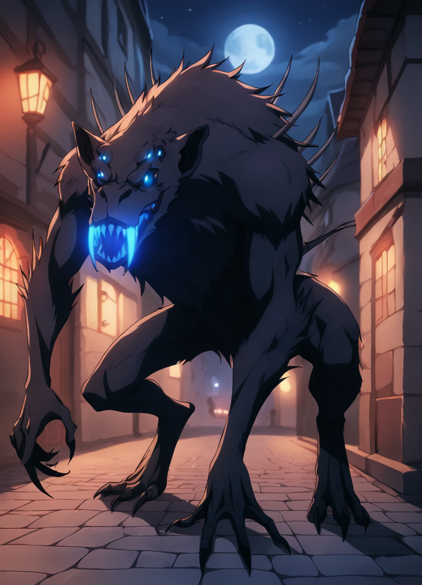 Bluefangs, sharp teeth, teeth, open mouth, monster, no humans, solo, blue eyes, glowing eyes,full body,  glowing teeth, multi_eye,standing, pouncing, claws,   fangs, score_9, score_8_up, score_7_up, score_6_up, score_5_up, score_4_up, looking at viewer,<lora:BlueFangsPony1.0:0.8> dark, medieval town,   looking at viewer, night, turning around, dark atmosphere full moon, cobblestone, brick wall, moon light