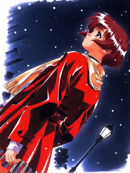 masterpiece,best quality,newest,
1girl,solo,
1990s \(style\),retro artstyle,<lora:nanase_yuuilxl_v1.0:1>,n_yuu,short hair,red hair,brown eyes,<lora:Fixhands_anime_bdsqlsz_V1:1>,simple_background,
scarf,coat,long sleeves,plaid skirt,from behind,dynamic_angle,cinematic_angle,dutch angle,snow,lamppost,night,looking_up,