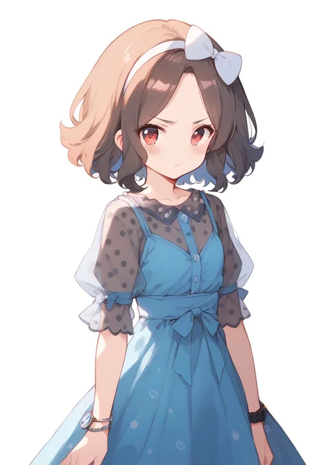 (score_9,score_8_up,score_7_up, ),<lora:GBC_TOMO_v2_pony-000030:1>,
GBC_TOMO,1girl,solo,bow,dress,watch,hair bow,wristwatch,brown hair,hairband,see-through,white bow,looking at viewer,polka dot,blue dress,short hair,see-through sleeves,bow hairband,red eyes,frown,blush,puffy sleeves,puffy short sleeves,bracelet,closed mouth,wavy hair,standing,simple_background,white_background,