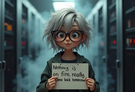 A cute librarian in front of a smoking server room, with messy silver blonde hair, round glasses, big friendly eyes, shy. Holding a sign "Nothing is on fire, really. Come back tomorrow!"