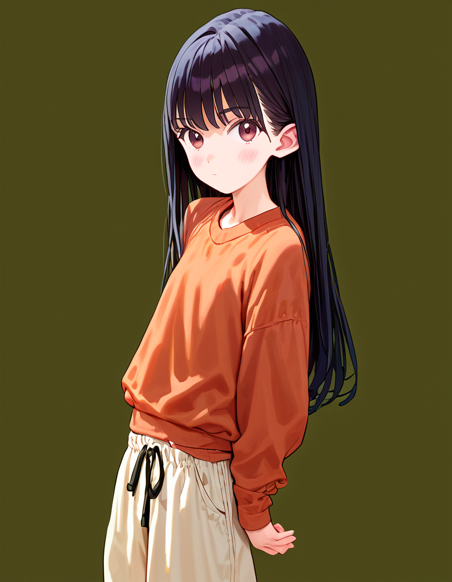 score_9, score_8_up, score_7_up, 1girl, petite, cute, blush, long hair, black hair, looking at viewer, arms at sides, baggy pants, simple background, cowboy shot, closed mouth, long sleeves, sweater, film grain, <lora:focke_wulfPony2:1>