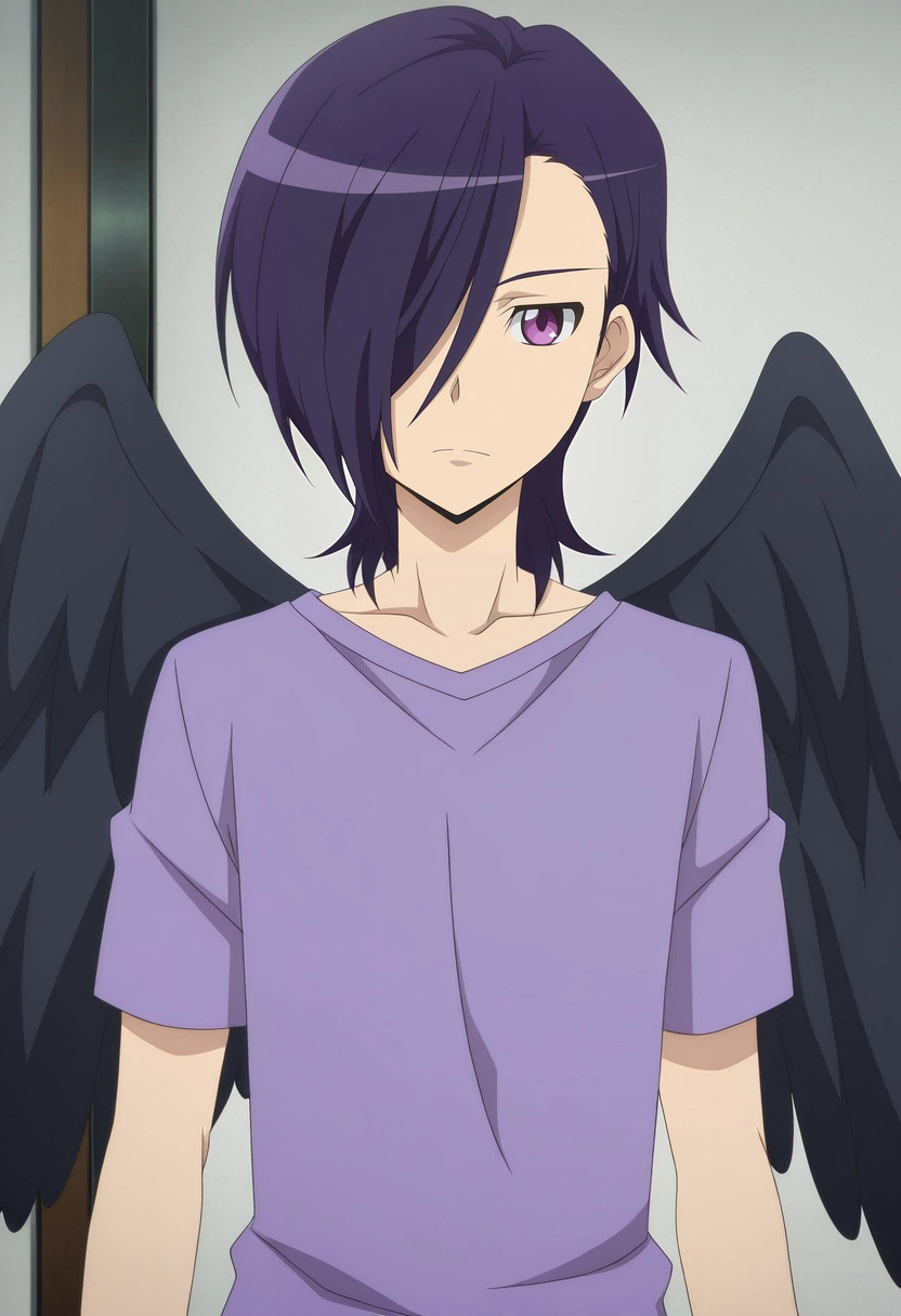 masterpiece, best quality, intricate details, anime screencap, anime coloring, official style, looking at viewer, 1boy, solo, male focus, <lora:hanzou_urushihara_ilxl:0.96>, hanzou_urushihara, purple hair, purple eyes, hair over one eye, short hair, black wings, ,