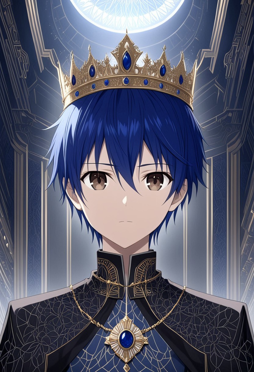 A highly detailed half-body portrait of an anime-style boy with striking blue hair and deep brown eyes. He wears an emperor's crown adorned with dark, intricate designs that convey power and mystery. His clothing is imperial, with elaborate patterns and dark tones, combining traditional royal elements with futuristic, sci-fi influences. The fabric shimmers with advanced technological patterns woven into the material, giving it a modern, almost otherworldly feel. The boy stands in a grand royal court, the background filled with a blend of classical architecture and cutting-edge technology. Dark shadows and subtle lighting highlight his features, creating a mysterious and intense atmosphere. The boy gazes directly at the viewer, his expression calm yet commanding, exuding an aura of authority and elegance. The entire scene is rendered with meticulous detail, showcasing the complex interplay between traditional royal aesthetics and modern sci-fi elements.
This prompt should provide the depth and detail needed to achieve a highly complex and visually stunning image.