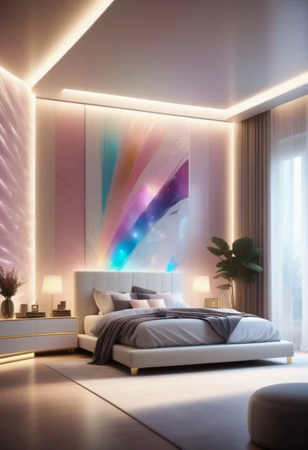 a Jed-Modern bedroom, decorated with multicolored Jed-Auquartz ,masterpiece, full of details,ambient light, photorealistic, sharp and in focus