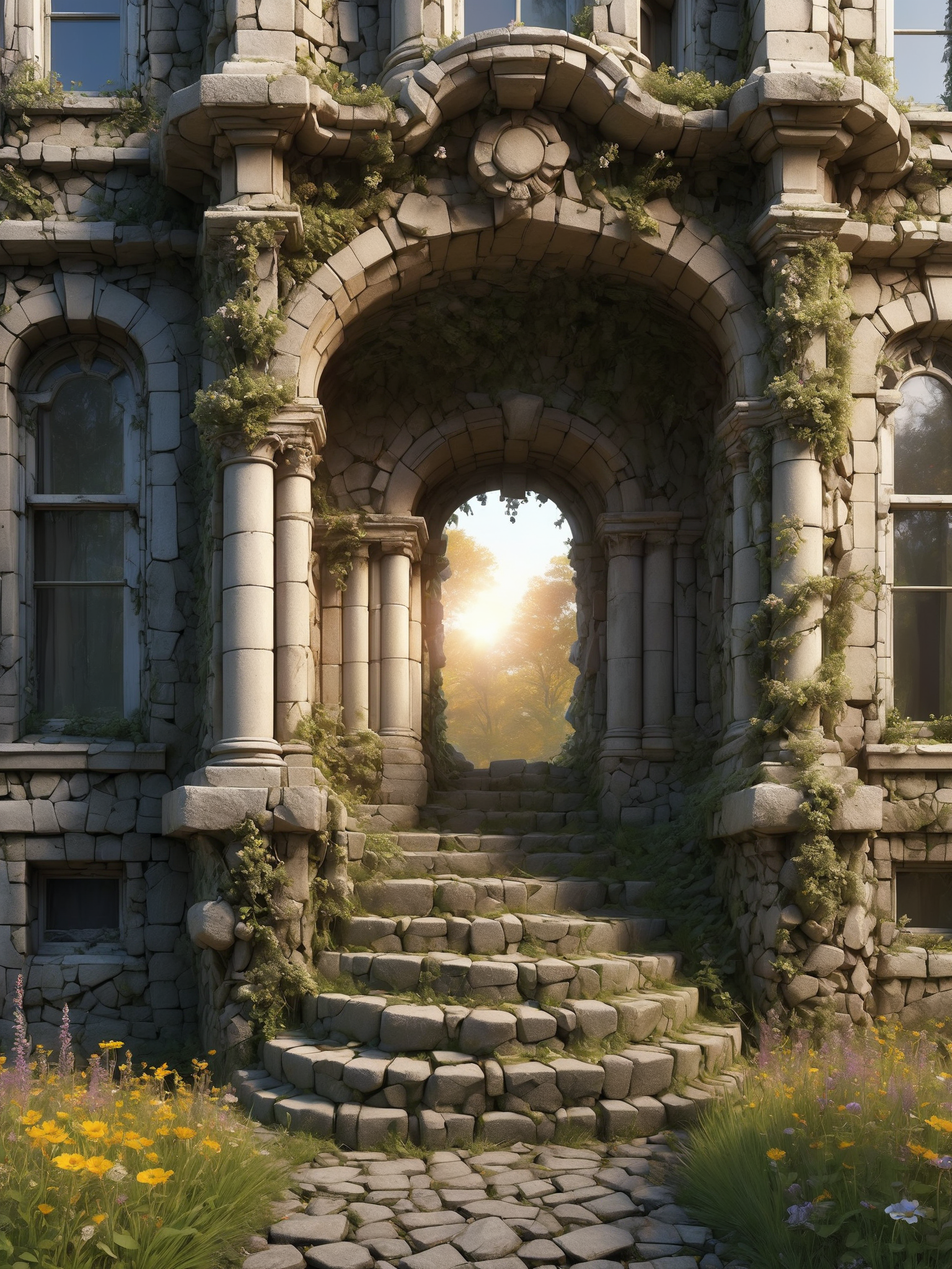 An abandoned Victorian mansion overtaken by nature, with mad-efeu climbing its crumbling walls made of mad-rubble and wildflowers blooming through the cracks of an ancient cobblestone path. The setting sun casts a golden hue over the scene, highlighting the eerie beauty of decay and the relentless power of nature reclaiming human creations, (masterpiece:1.2), best quality, (hyperdetailed, highest detailed:1.2), high resolution textures