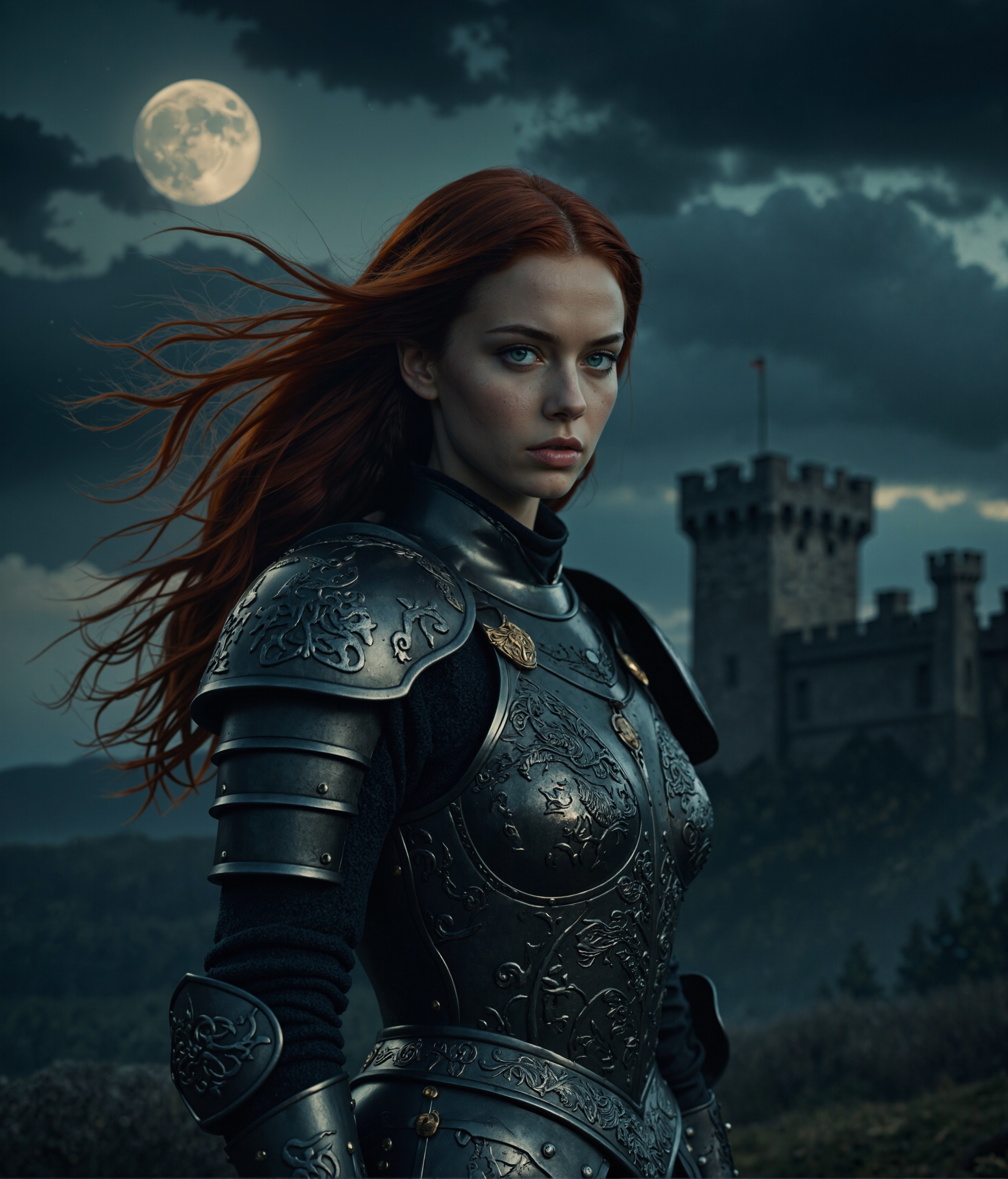 A dramatic portrait of a warrior woman with flowing, fiery red hair cascading past her shoulders, positioned in a gothic environment featuring a looming medieval castle silhouetted against a stormy twilight sky. She wears ornate black and silver plate armor adorned with intricate Celtic knotwork patterns and mythical creature engravings. Her armor gleams with a polished metallic sheen, reflecting scattered moonlight. Her fierce, determined expression and piercing green eyes lock directly with the viewer, embodying both strength and defiance. The lighting is atmospheric with subtle blue moonlight filtering through fog, creating dramatic shadows that emphasize the armor's detailed craftsmanship. The composition has a cinematic quality with a slight low-angle perspective, digital art style, ultra-realistic rendering, 8K resolution, with inspiration from dark fantasy aesthetics.