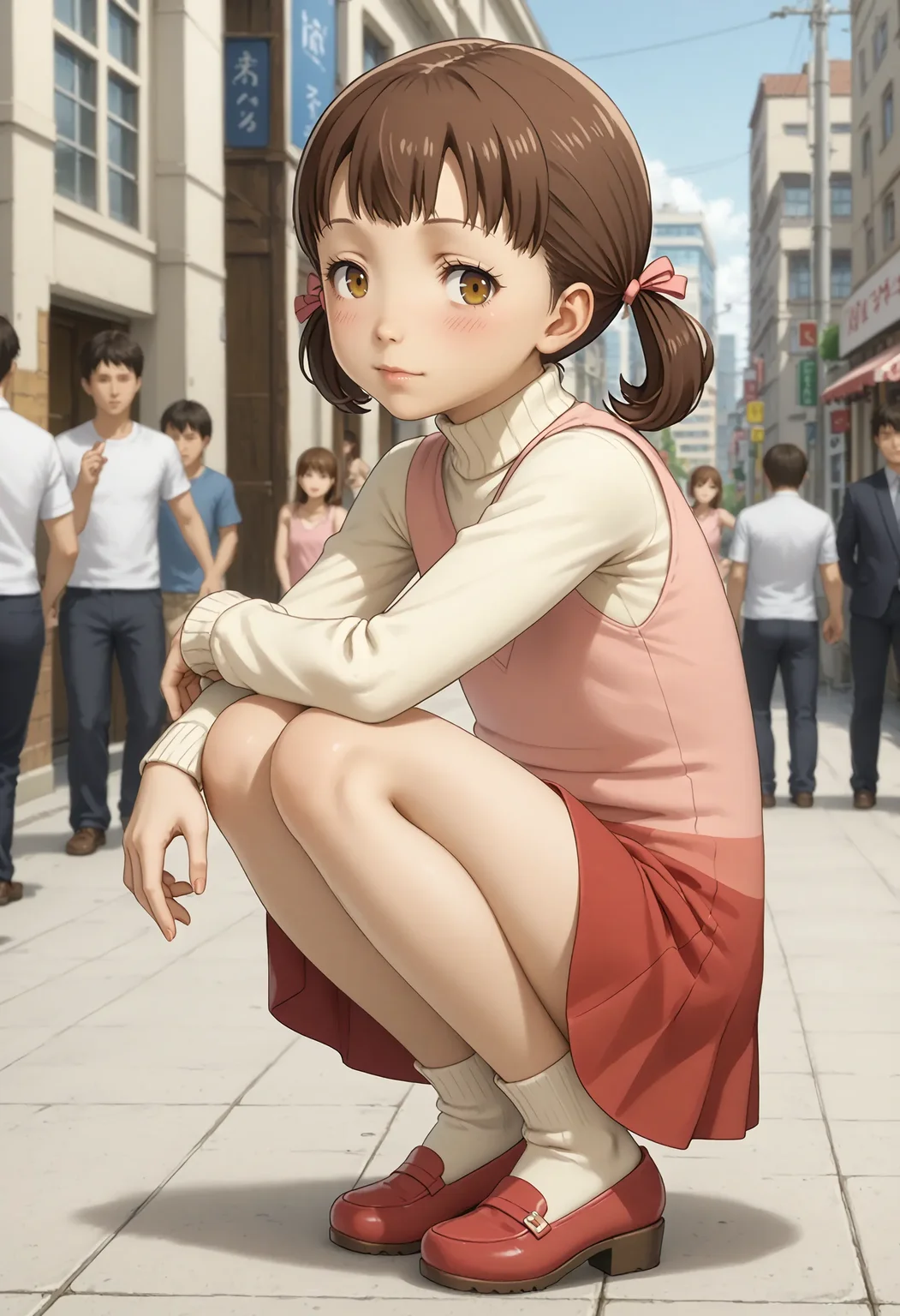 <lora:Hyper-SDXL-8steps-lora:1> <lora:Fixhands_anime_bdsqlsz_V1:1> zPDXL2, score_9, score_8_up, score_7_up, source_anime, intricate details, perfect anatomy BREAK
outdoors, city, tokyo, japan, audience, crowd, squatting, hugging own legs, looking at viewer, from side, Guilty, Downcast eyes, slumped shoulders, and a slightly ashamed expression., 1girl, solo, solo focus, 
<lora:P4-doujima_nanako_XL(pony&ill)_beta:1> doujima nanako, brown hair, low twintails, brown eyes, pink dress, white sleeves, red skirt, white socks, red shoes,