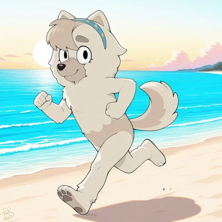 Judo(B), Solo, 1girl, anthro, female furry, dog girl, chow chow, white and gray fur, fluffy fur, bangs, fluffy tail, black eyes, freckles, blue and yellow hairband, full body, looking at viewer, running, smiling, beach setting, sunny,