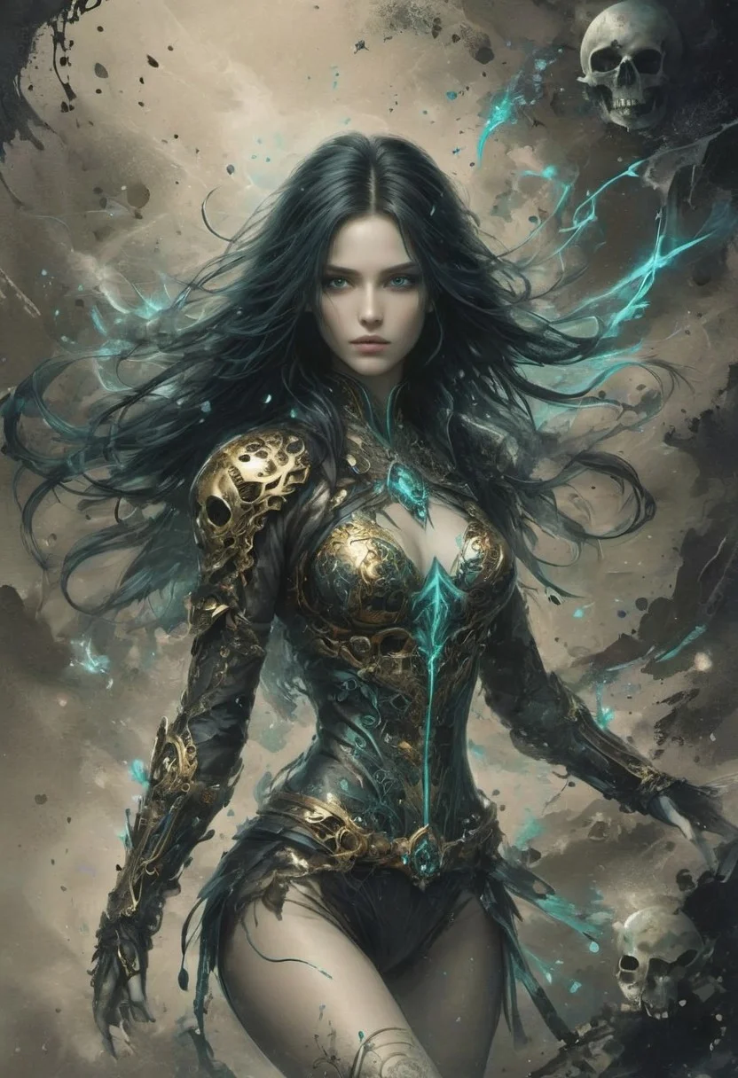 A mysterious and powerful female character,The style belongs to the highly detailed and imaginative fantasy art。She has long black hair,Hair flutters in the air,It gives a dynamic feel。Her eye color is very special,It is bright blue-green,It contrasted with the ghostly light emanating from her surroundings。
She wears an intricate black battle suit,Adorned with gold trims and chains,Fine decoration and design details are showcased。The costume looks both functional and ceremonial,Indicates that she may be a warrior or a character with some sort of magical ability。She wears arm guards adorned with metal accents on her arms,Adds to her combat-ready look。
She is surrounded by a series of ghostly skulls,They glow with a faint blue,Adds to the mystery and supernaturalness of this scene。The skulls appear to have been summoned by her powers,Swirling around her,This reinforces her image as a powerful being。
The tone of the whole picture is dominated by dark tones,But by using faint blue light buds and golden ornaments,A strong visual contrast and appeal are created。The style of this image is a mixture of realism and fantasy elements,Through fine detail depiction and strong color contrasts,It conveys a mysterious and powerful atmosphere。Overall,It is a fantastical work of art full of imagination and rich detail,An incredible female character and her supernatural abilities are showcased,
Niji, aidma-niji, ral-dissolve, (ink-style, ink_wash_painting),