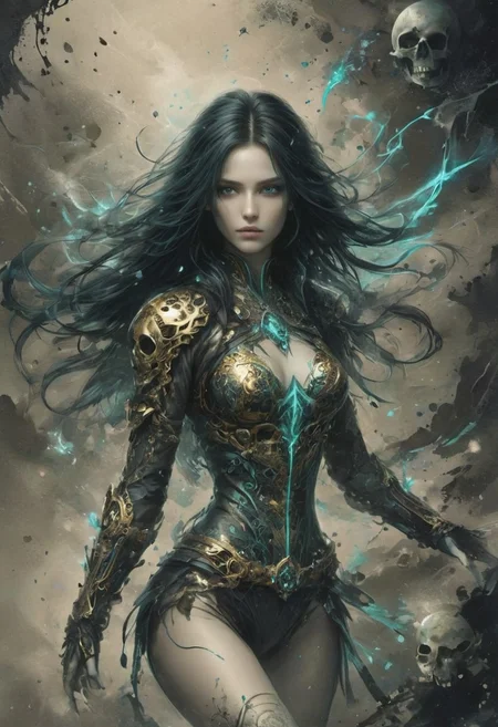 A mysterious and powerful female character,The style belongs to the highly detailed and imaginative fantasy art。She has long black hair,Hair flutters in the air,It gives a dynamic feel。Her eye color is very special,It is bright blue-green,It contrasted with the ghostly light emanating from her surroundings。
She wears an intricate black battle suit,Adorned with gold trims and chains,Fine decoration and design details are showcased。The costume looks both functional and ceremonial,Indicates that she may be a warrior or a character with some sort of magical ability。She wears arm guards adorned with metal accents on her arms,Adds to her combat-ready look。
She is surrounded by a series of ghostly skulls,They glow with a faint blue,Adds to the mystery and supernaturalness of this scene。The skulls appear to have been summoned by her powers,Swirling around her,This reinforces her image as a powerful being。
The tone of the whole picture is dominated by dark tones,But by using faint blue light buds and golden ornaments,A strong visual contrast and appeal are created。The style of this image is a mixture of realism and fantasy elements,Through fine detail depiction and strong color contrasts,It conveys a mysterious and powerful atmosphere。Overall,It is a fantastical work of art full of imagination and rich detail,An incredible female character and her supernatural abilities are showcased，
 Niji, aidma-niji, ral-dissolve, (ink-style, ink_wash_painting),