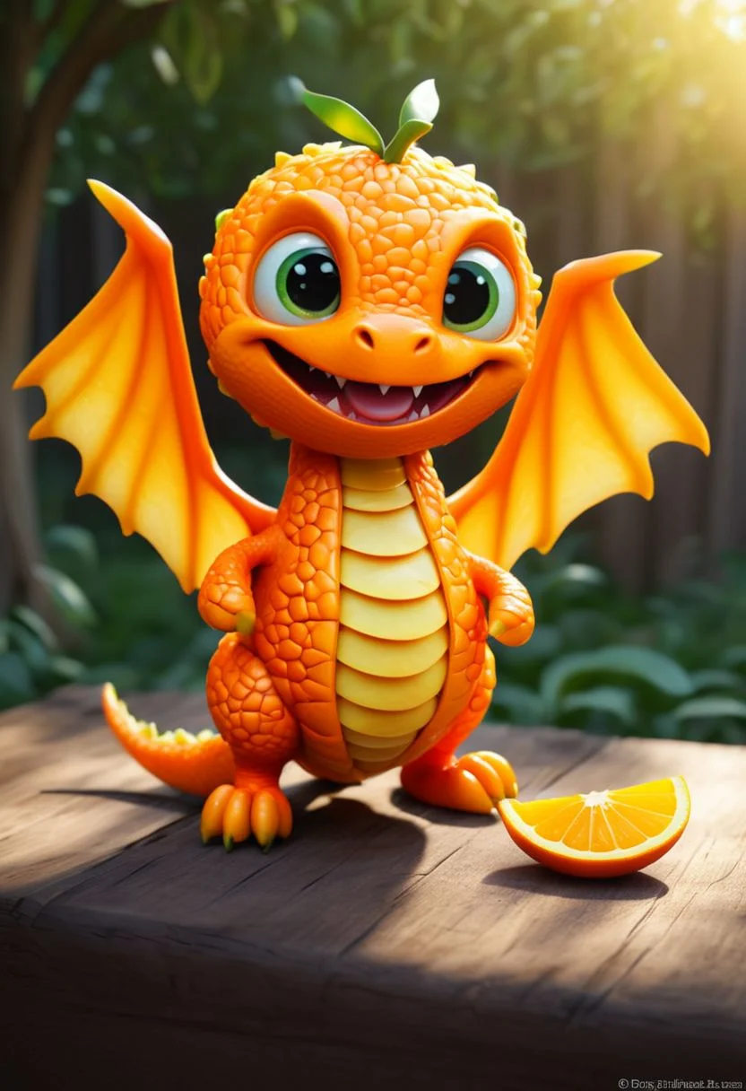 Create an image of an adorable dragon-like creature with the texture and color of a ripe orange. The creature's body is covered in a vibrant orange peel, with characteristic dimples and a slightly bumpy surface. Its wings are shaped like orange slices, with a semi-transparent appearance that allows light to pass through. The dragon's face is round and friendly, with large, expressive eyes, a small snout, and tiny horns that resemble the stem of an orange. Its tail is long and curled, mimicking the spiral pattern of an orange peel. The dragon is posed playfully, as if it were about to take flight, with its wings spread and its claws gently gripping a wooden branch. Surrounding the creature are actual oranges, some whole and some sliced, scattered on a rustic wooden table. In the background, a warm, golden light filters through the leaves of a nearby tree, creating a magical and inviting atmosphere. The overall image conveys a sense of whimsy and charm, blending the fantastical with the familiar.