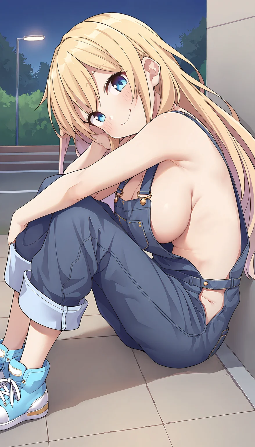 ((ultra-detailed)), ((best quality)), ((beautiful eyes)), ((extremely detailed)), 4K, (8K), best quality, (beautiful), Master piece, highres, best quality, official art, highres, masterpiece, newest,1girl, solo, smile, blush, large breasts, long hair, sideboob, blonde hair, blue eyes,blue overalls, naked overalls, oversized clothes, sideless outfit, sneakers, BREAK sitting, resting head on knees, hugging own legs, park, outdoors, angle view, sideview, looking at viewer, detailed background, lighting,