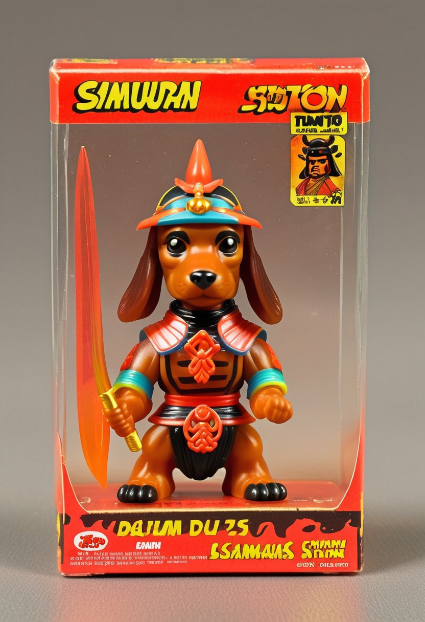 <lora:1987 Action Figure Playset Packaging:1>1987 Action Figure Playset Packaging - A product photo of a 1970s japanese toy translucent dachshund samurai figure in front of packaging
