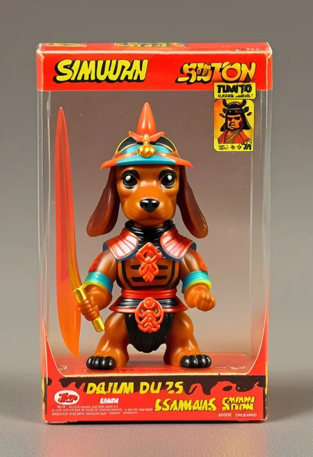 <lora:1987 Action Figure Playset Packaging:1>1987 Action Figure Playset Packaging - A product photo of a 1970s japanese toy translucent dachshund samurai figure in front of packaging