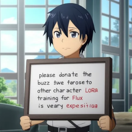 high resolution, solo, best quality, 1Boy, Kazuto Kirigaya, Black Hair, Black Eyes, proud, holding a sign that says "please donate the buzz for the creation of other characters. LoRa training for Flux is very expensive"
