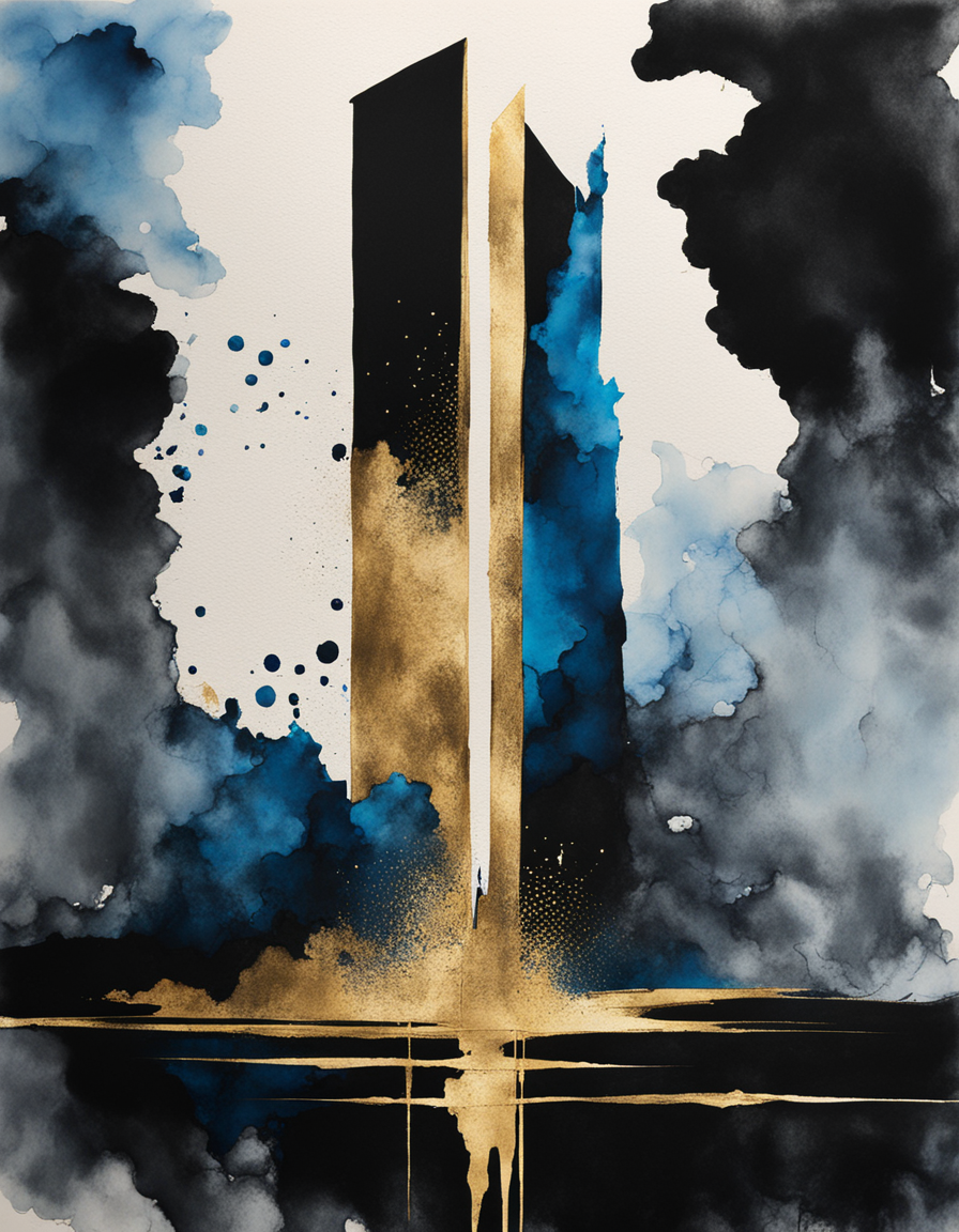 Solitary sentinel tower. abstract, fluid ink washes, black, blue, gold kintsugi, inkblot --ar 3:2