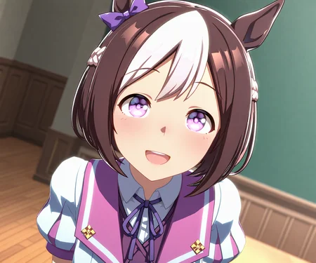 masterpiece, best quality, amazing quality, , 1girl, solo, looking at viewer, smile, open mouth, <lora:Special Week in game style 3D ILL-v2:1> ummsmingame, 3d, special week \(umamusume\),