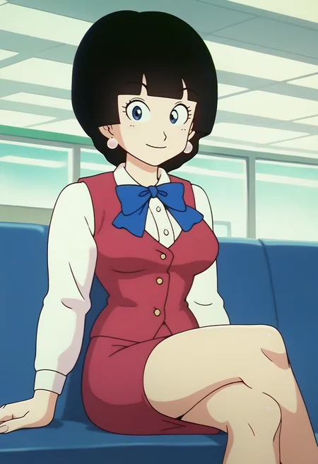 score_9, score_8_up, score_7_up, score_6_up, anime screencap, anime coloring, <lora:DBExtraGirl13:0.9>, DBExtraGirl13IDA, blue eyes, black hair, short hair, blunt bangs, earrings, breasts,
blue bowtie, purple vest, white shirt, pencil skirt,
sitting, crossed legs, smile, looking at viewer, 
BREAK airport, couch, indoors,