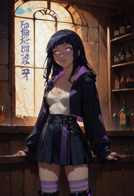 (score_9, score_8_up, score_7_up), 1girl, hyuuga hinata, purple eyes, white eyes, blunt bangs, black hair, hime cut, 20 year old, long black hair, perky breasts, cleavage, pretty face, looking at viewer, light freckles, oversized hoodie, black skirt, striped thigh-high socks, gothic boots, leaning on wall, detailed background, inside, bar, hidden area, volumetric lighting, vivid colors, g0thicPXL, glowing, neon, portrait shot, face focus,