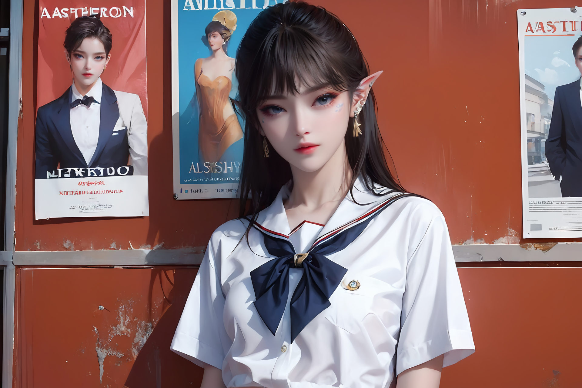 score_9,score_8_up,score_7_up,(masterpiece:1.2),(best quality:1.2),(extremely detailed:1.2),(extremely detailed face),(ultra detailed),8k,1girl,(aestheticism:1.3),eye-contact,(medium full shot:1.4),perfect body,leaning_back,(fair_skin:1.4),(wearing exquisite earrings:1.3),(wearing loose school uniform),(waist),<lora:ç»ªå¿ çµå½±å§ç§:1>,xuer film still,<lora:Mild detail adjusterV10è¸é¨ä¼å:1>,<lora:AGM-a1:1>,<lora:ç»ªå¿ æµ·æ¥èºæ¯ XUER poster art:0.4>,XUER poster art,<lora:fengqinger4(meichidarkmix):0.8>,fengqinger,(stylish_pose:1.4),