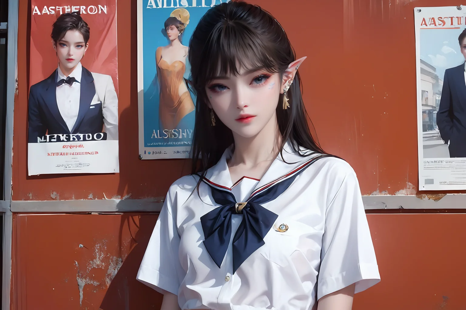 score_9,score_8_up,score_7_up,(masterpiece:1.2),(best quality:1.2),(extremely detailed:1.2),(extremely detailed face),(ultra detailed),8k,1girl,(aestheticism:1.3),eye-contact,(medium full shot:1.4),perfect body,leaning_back,(fair_skin:1.4),(wearing exquisite earrings:1.3),(wearing loose school uniform),(waist),<lora:ç»ªå¿ çµå½±å§ç
§:1>,xuer film still,<lora:Mild detail adjusterV10è¸é¨ä¼å:1>,<lora:AGM-a1:1>,<lora:ç»ªå¿ æµ·æ¥èºæ¯ XUER poster art:0.4>,XUER poster art,<lora:fengqinger4(meichidarkmix):0.8>,fengqinger,(stylish_pose:1.4),