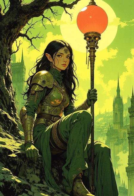 (style of jean delville). This is a highly detailed digital illustration in a fantasy art style. The central figure is a young female elf with pointed ears, fair skin, and long, wavy black hair. She is dressed in intricate, ornate green armor with gold accents, including a breastplate, arm guards, and thigh guards. Her attire features elaborate patterns and designs, including floral and geometric motifs. She is seated on a rocky ledge, her legs slightly bent, and her right arm resting on her knee. In her left hand, she holds a tall, ornate staff adorned with a golden skull and a large, glowing red orb at the top, emitting a bright light that illuminates the scene. The background is a fantastical, surreal landscape with a mix of green and yellow tones. In the distance, there are tall, spires and towers of a city, possibly a medieval castle, shrouded in mist and fog. To the left, a large, twisted tree with gnarled branches adds a touch of darkness to the scene. The sky is a vibrant yellow-green, with wispy clouds and a sun-like glow. The overall composition is dynamic, with the figure's pose and the staff's light drawing the viewer's attention. The textures are rich and detailed, from the smoothness. Intricate, High Detail, Sharp focus, yellow sphere on the background