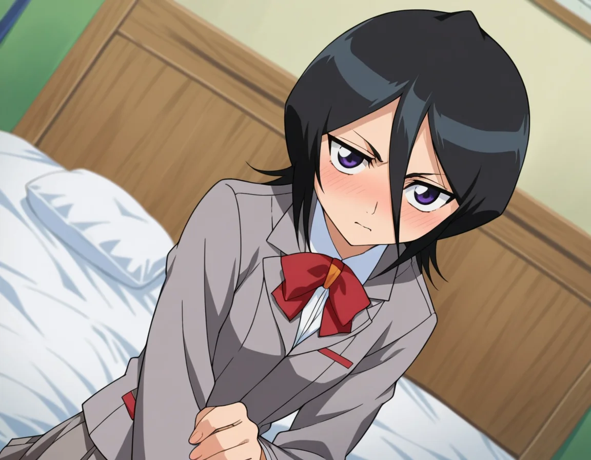 score_9, score_8_up, score_7_up, source_anime,
rukiakuchiki, <lora:rukia-kuchiki-s1-ponyxl-lora-nochekaiser:1>,
rukia kuchiki, black hair, hair between eyes, purple eyes, short hair,
skirt, bow, school uniform, jacket, blazer, grey jacket,
indoors, bed, bed room, on side, blush, drunk,
looking at viewer, cowboy shot, dutch angle,
