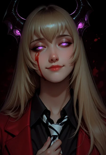 masterpiece, best quality, good quality, very aesthetic, absurdres, newest, 8K, realistic, 1girl, Lan Asuka \(Devil Lady\), head tilt, long hair, blonde, bangs, smeared blood, blood on face, hand on own face, blood theme, violent theme, blue eyes, purple eyes, half-closed eyes, bored, glowing eyes, loose necktie, white necktie, light smile, yandere, maniac, adjusting necktie, striped necktie, collared shirt, black shirt, red blazer, dark theme, black theme,
,masterpiece,best quality,amazing quality, semi-realism, color theory, <lora:MoriiMee_Gothic_Niji_Style_Illustrious_r1:0.6> artist:moriimee,