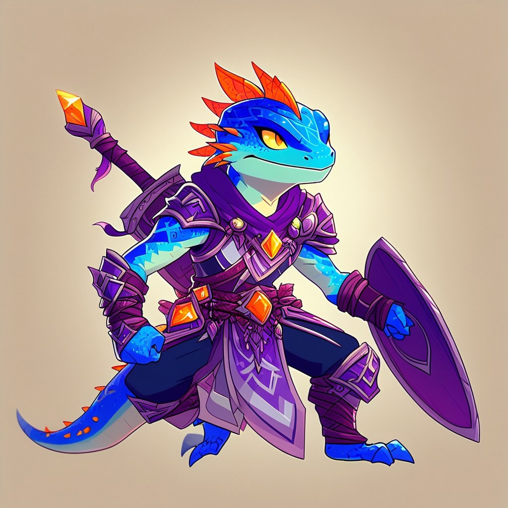 male, lizardfolk, gem inclusions, purple and orange gem spines, blue metal skin,  paladin, sword and shield