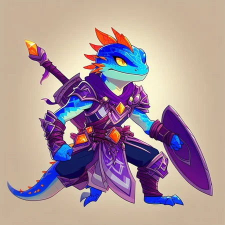 male, lizardfolk, gem inclusions, purple and orange gem spines, blue metal skin,  paladin, sword and shield