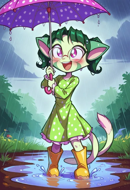 Dreamkeepers,1girl,prelude_lilith,solo,furry,tail,green hair, source_furry,glasses,magenta eyes,
child, kid,
irl hops gleefully into a rain-soaked puddle, her polka-dot umbrella tossed aside. Her frilly mint-green dress is soaked at the hem, and her hair clings to her face in damp strands. She laughs, cheeks rosy and eyes squeezed shut, as water droplets sparkle around her. Behind her, the cloudy sky mirrors her playful energy, and her yellow rain boots are caked with mud. A small frog peeks out from a nearby puddle, adding a touch of whimsy.
Tags:
1girl, rain, puddle, umbrella, polka_dot_dress, boots, wet_hair, laughing, blush, water_droplets, frilly_dress, playful, moe, cloudy_sky, cheek_marks, sparkling_eyes, dynamic_pose, mud, frog, innocent_expression