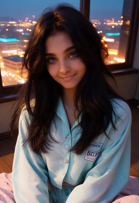 Score_9, Score_8_up, Score_7_up, 1girl, 25 years old, young woman, upper body close-up, long pitch-black hair, flowing silky straight hair, smooth skin, bright blue eyes solo, simple pajama, top floor penthouse window, sitting by the window, moody lighting, dynamic lighting, cyberpunk city background, blur background, looking_at_viewer, smile, rsgrl, russian girl, , btiflgrlsnrv4, Indian girl , Indian beauty, most beautiful and attractive, sexy body,