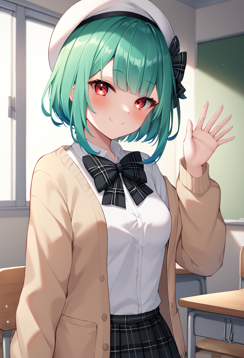 uruha_rushia, rushia_short, green hair, short hair, red eyes, virtual youtuber, small breasts, petite, white shirt, white headwear, shirt, hat,  bow, plaid bow,  plaid bowtie, bowtie, jewelry, beige cardigan, open cardigan, collared shirt, beret BREAK  indoors, classroom BREAK sexy pose, looking at viewer, sexy face, sexy smile, cowboy shot, dynamic pose, BREAK score_9, score_8_up, score_7_up, source_anime ,zPDXL, perfect hand,  <lora:Uruha_Rushia:0.8>