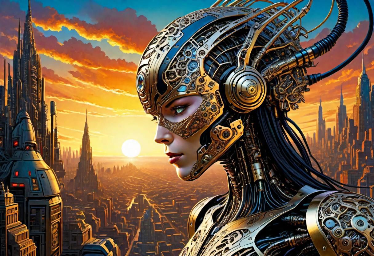 masterpiece+++,by william Stout,  (filigreed , marvel comic style but extremely beautiful:1.4), (intricate details, masterpiece, best quality:1.4) ,
Biomechanical cyberpunk, cybernetics, human-machine fusion, dystopian, organic meets artificial, dark, intricate, ultradetailed, intricate, sunset photo, 8k, light bloom