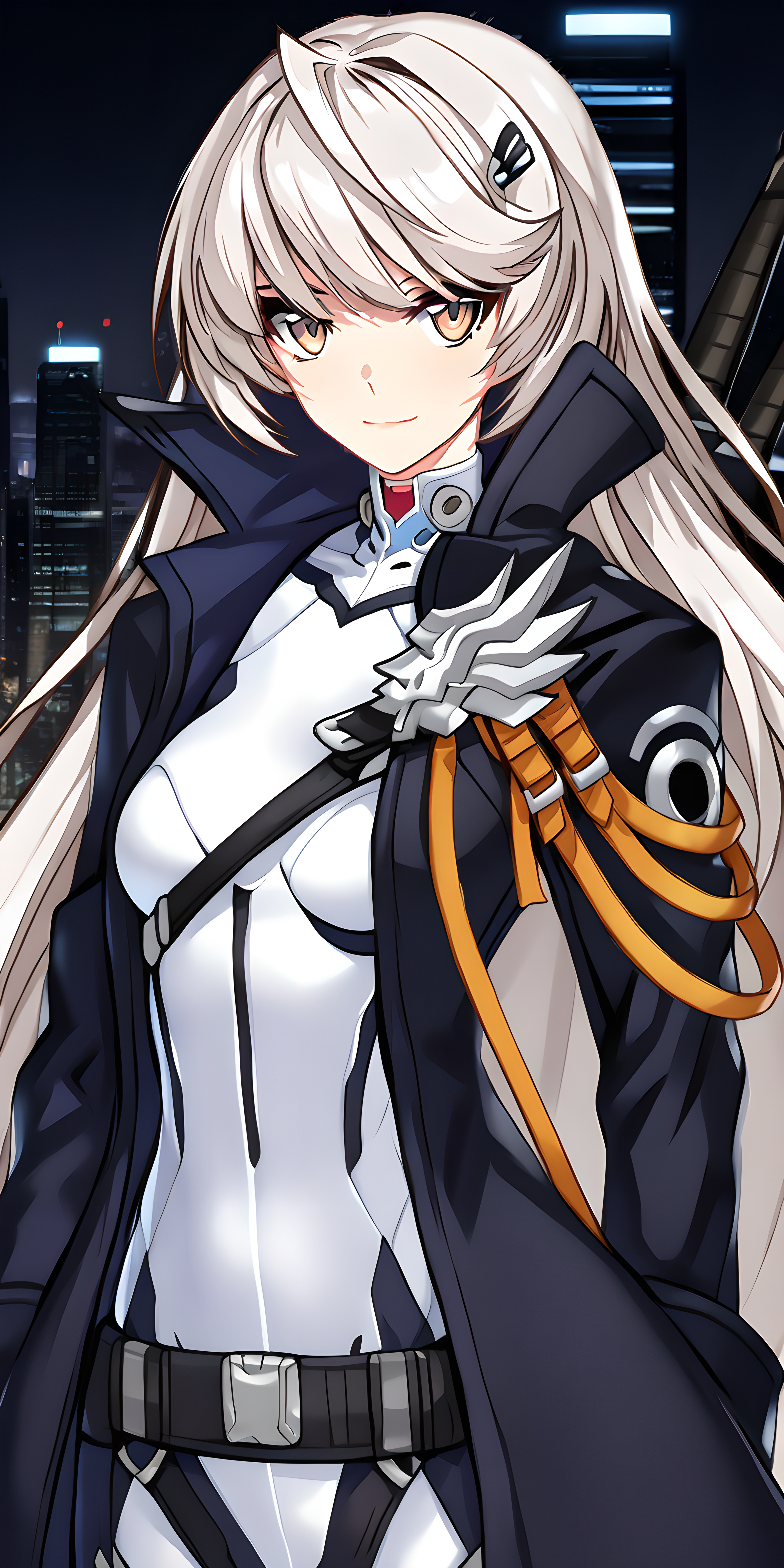 (masterpiece),(best quality),(ultra-detailed),(best illustration),(best shadow),(absurdres),(detailed background),(very aesthetic),hilde, fenrirdivision, 1girl, long hair, solo, bangs, looking at viewer, hair ornament, closed mouth, jacket, weapon, black background, night city background, tall buildings, smile, looking at viewer<lora:Hilde_-_CounterSide_SDXL_Animagine_XL_3.1:1>