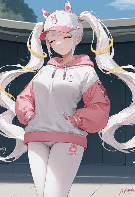 score_9, score_8_up, score_7_up, source_anime BREAK 1girl, solo, <lora:alice-nikke-richy-v2_pdxl:1> alicehdi, closed eyes, white hair, twintails, very long hair, floating hair ornament, white hat, fake animal ears, hair through headwear, medium breasts, white hoodie, pink sleeves, white leggings, standing, <lora:agm-artist-richy-v1_pdxl:1>looking at viewer, smile, hands in pockets