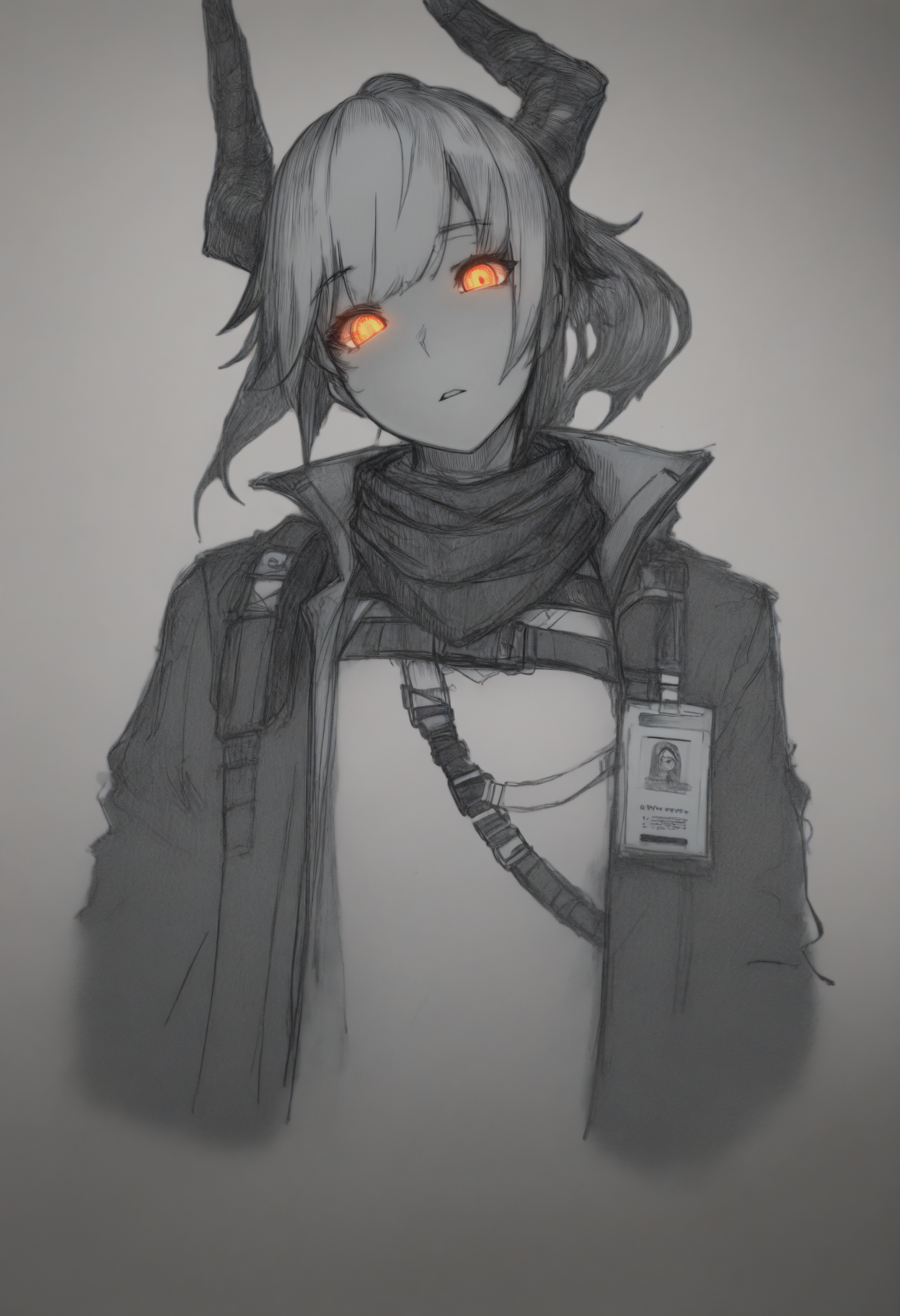masterpiece, best quality, 1girl, solo, L1skarmDef, orange eyes, grey hair, horns, tail, short ponytail, scarf, shirt, chest belt, jacket, id card, parted lips, head tilt, looking at viewer, spot color, greyscale, monochrome, lineart, sketch, graphite \(medium\), traditional media, glowing eyes, <lora:ChamLiskarmNoob:1>