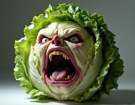 Hyperrealistic head of lettuce with a grotesquely anthropomorphic face, screaming in intense rage or agony. Rounded, layered form with ruffled, pale green leaves transitioning seamlessly into wrinkled, flesh-like features. Eyes bulge outward, bloodshot and strained, nestled between folded lettuce leaves forming eerie, veined eye sockets. Brow deeply furrowed, creating harsh lines across the leafy surface. Nose scrunched and flared, nostrils clearly visible among the crisp foliage. Mouth stretched impossibly wide, revealing rows of human-like teeth and a moist, glistening tongue. Lips pulled back in a snarl, exposing gums. Cheeks contorted, emphasizing the screaming expression. Delicate leaf veins and fine hairs visible on the face portion, blending into the more typical lettuce texture with its intricate network of crisscrossing veins. Varied shades of green from pale to deep emerald, highlighting the lettuce's layered structure. Harsh lighting from above casts dramatic shadows, accentuating the three-dimensional quality of the leaves and the grotesque facial features. Background is a neutral grey gradient, focusing attention on the surreal, nightmarish lettuce creature