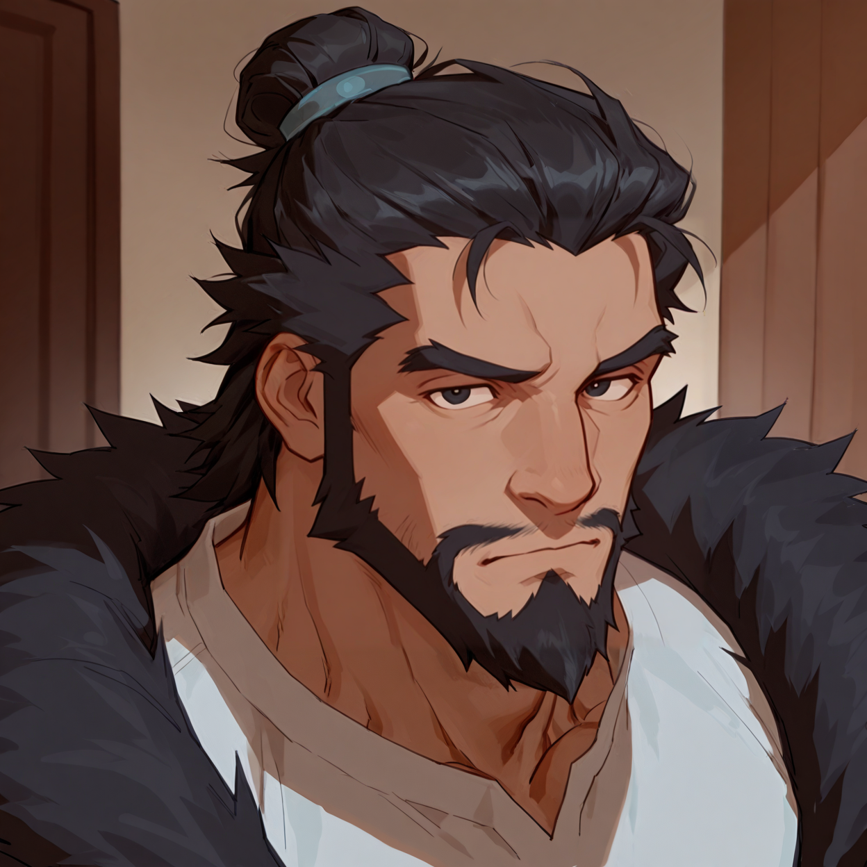 <lora:Huntsman_Avatar_The_Legend_of_Korra:.8> Huntsman, black hair, black eyes, man bun, hair knot, mustache,
upper body, looking at the viewer,
(very short hair, beard, bara, mature, facial hair, stubble, beard, full beard, sideburn, beard, a lot of beard, ), facial hair,male focus, muscular male, muscular male, bara, mature,  bara, mature, aixiwuganda_(20222192), very awa, masterpiece, best quality, absurdres, newest, perfect quality, detailed background, intricate details,
<lora:slider_Body Type_alpha1.0_rank4_noxattn_last:3><lora:Anime Summer Days 2 Style SDXL_LoRA_Pony Diffusion V6 XL:.6><lora:slider_cfg_scale_boost:.7><lora:Artist6p:.55>, Artist6p, Artist04p,<lora:slider_il_brightness_slider_d1:-1><lora:slider_il_contrast_slider_d1:-1><lora:slider_DarkSlider1.2_alpha1.0_rank16_full_300steps:-.6>